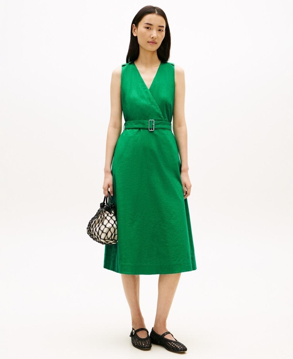 Tommy Hilfiger Women's Linen Belted V-Neck Wrap Dress Green Size M 3816